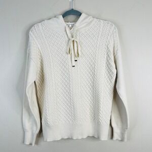 Cable Knit Cabincore Hooded Sweater Womens Medium Neutral Buttery Soft Camping